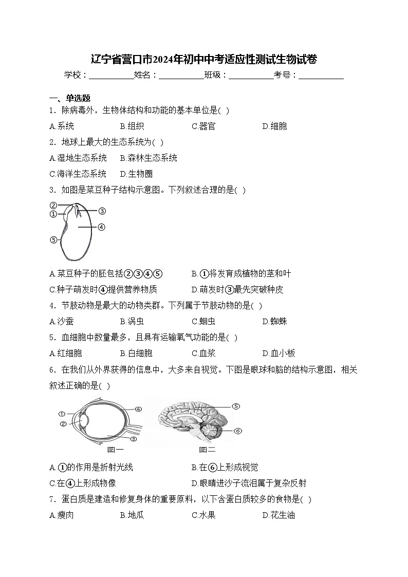 辽宁省营口市2024年初中中考适应性测试生物试卷(含答案)01