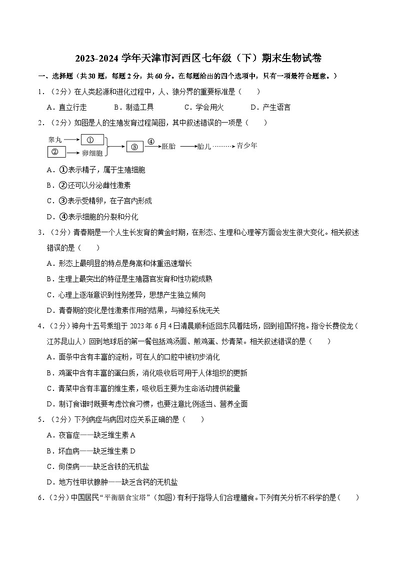 天津市河西区2023-2024学年七年级下学期期末生物试卷第1页