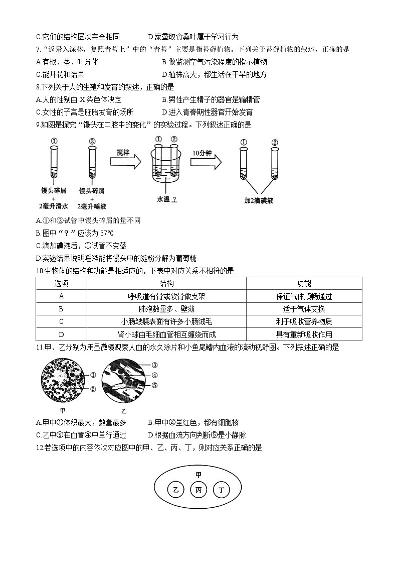 2024年吉林省长春市中考生物试题(无答案)第2页