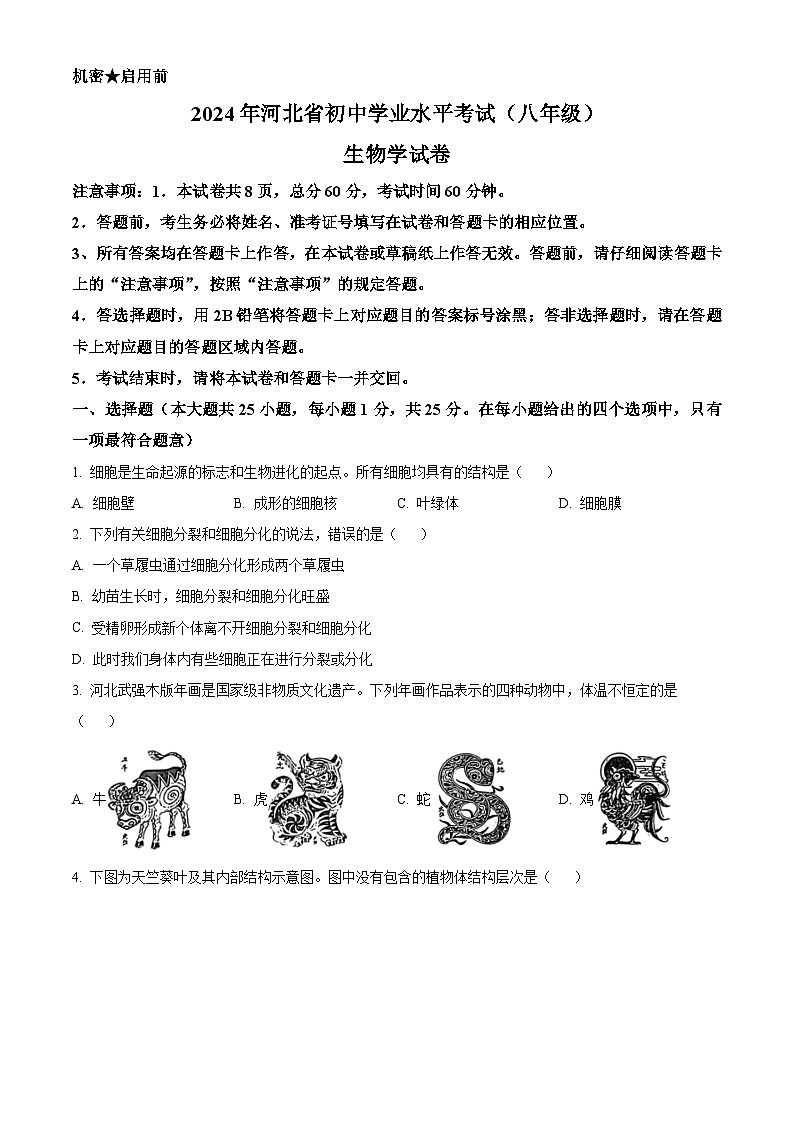 2024年河北省中考生物真题（空白卷）第1页