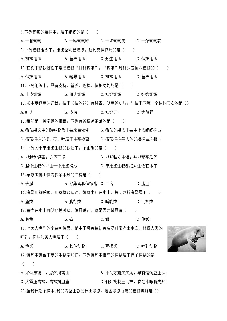 2023-2024学年江苏省无锡市宜兴市七年级（下）期末生物试卷（含解析）第2页