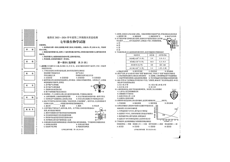 陕西省榆林市榆阳区2023-2024学年七年级下学期统考生物期末试题第1页