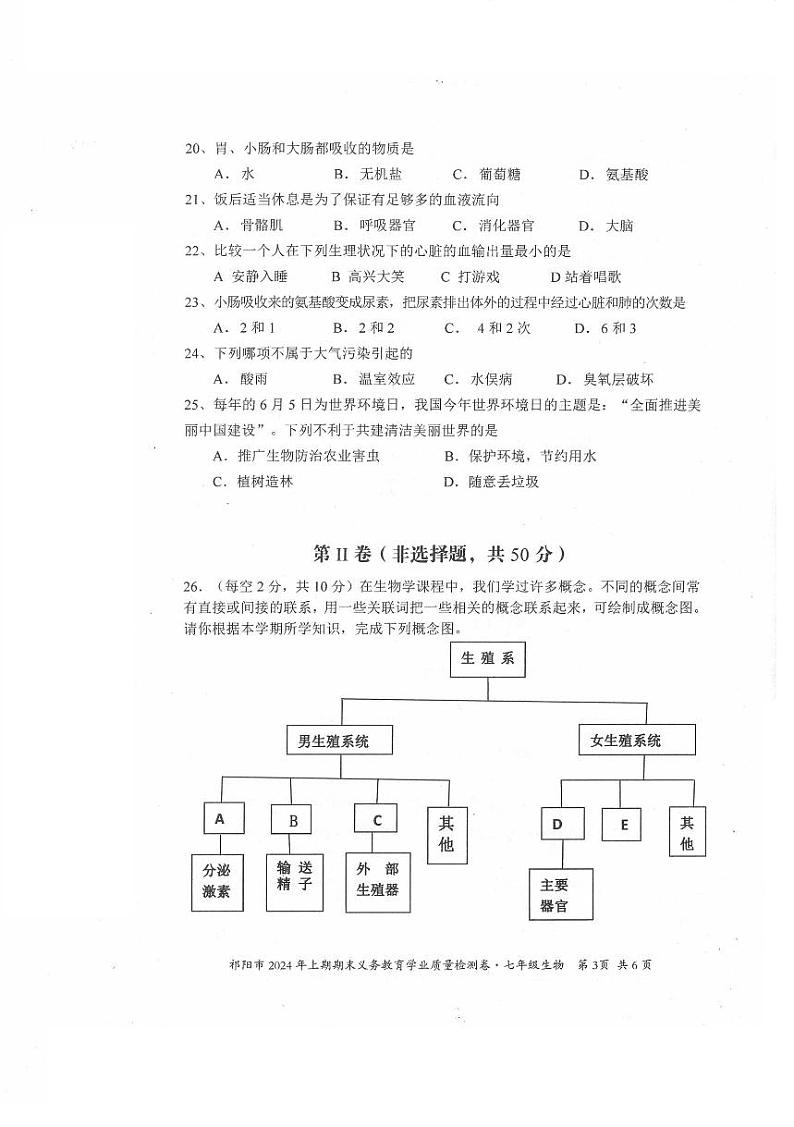 湖南省祁阳市2023-2024学年七年级下学期期末考试生物试题第3页