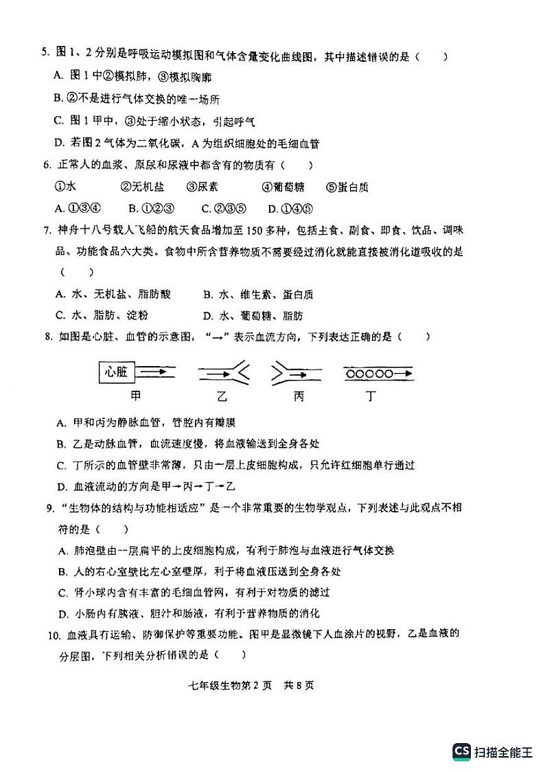 山东省菏泽市郓城县2023--2024学年七年级下学期期末考试生物试题02