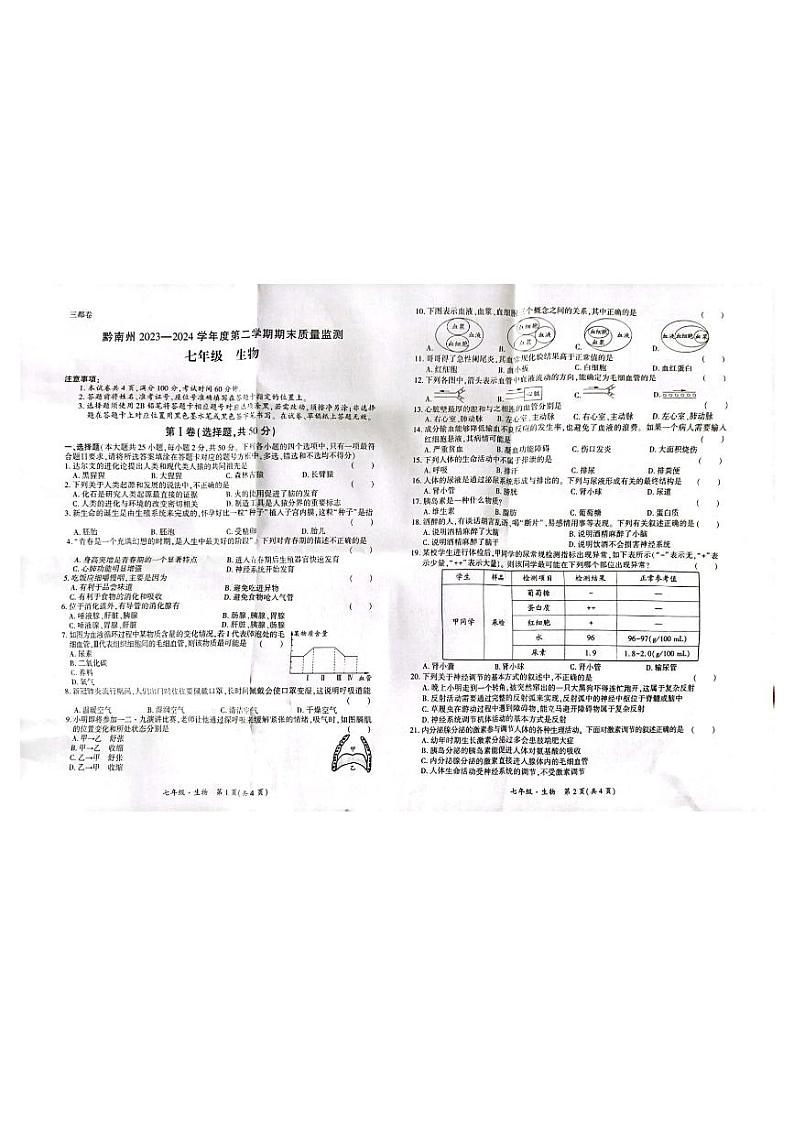 贵州省黔南州2023-2024学年七年级下学期期末质量监测生物试卷第1页