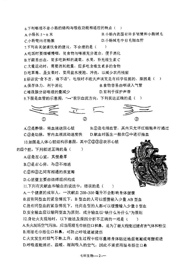 内蒙古赤峰市喀喇沁旗2023-2024学年七年级下学期期末考试生物试题第2页