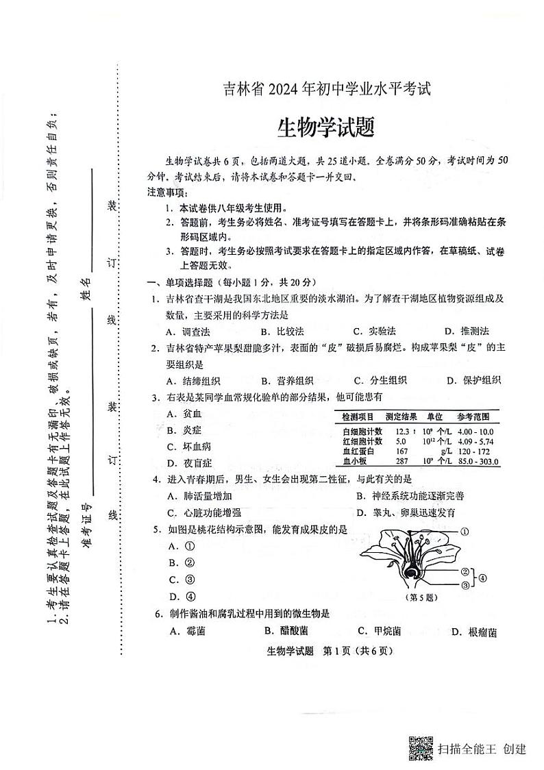 2024年吉林省中考真题生物试题01
