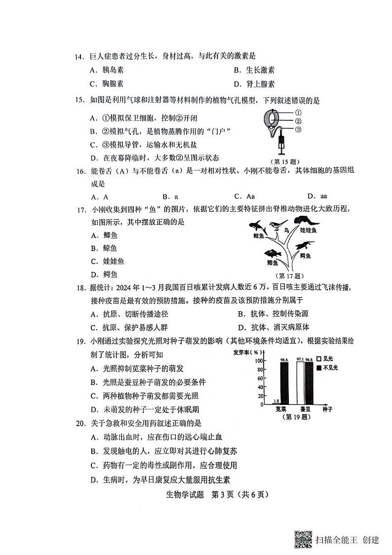 2024年吉林省中考真题生物试题03