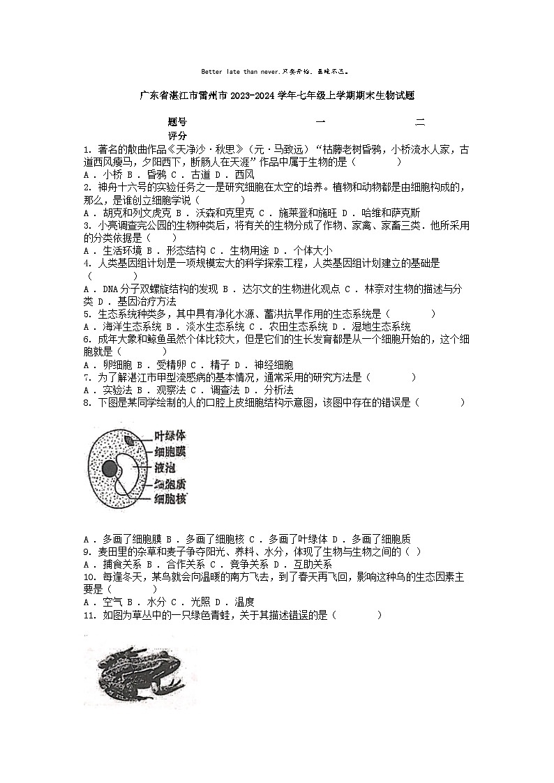 [生物]广东省湛江市雷州市2023-2024学年七年级上学期期末试题01