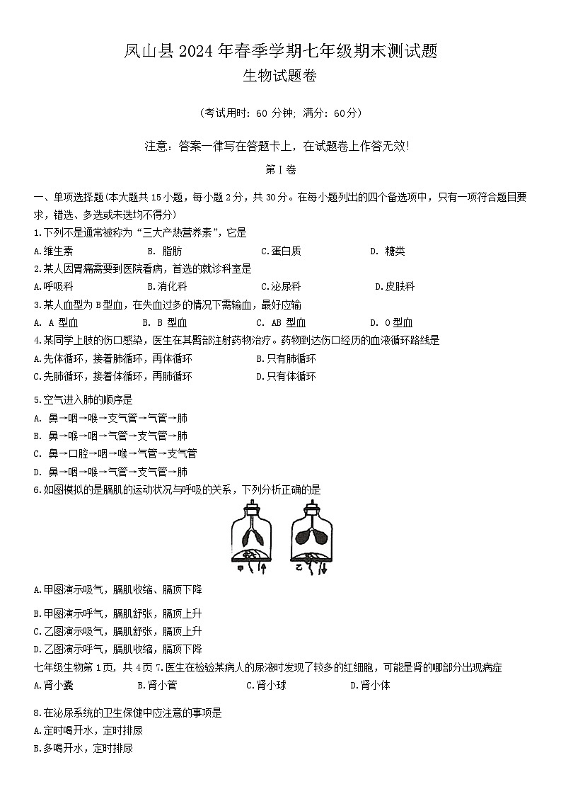 广西河池凤山县2023-2024学年七年级下学期期末考试生物试题01