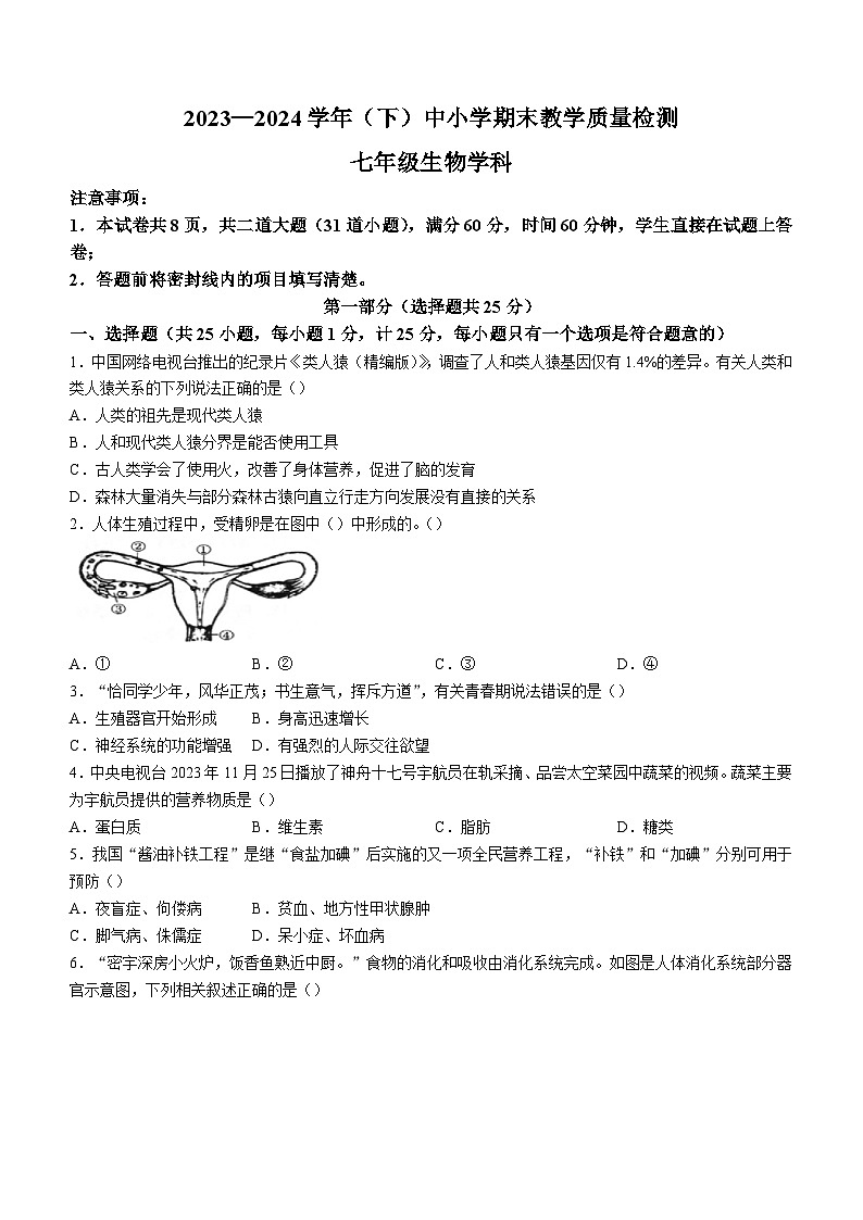 陕西省咸阳市泾阳县2023-2024学年七年级下学期期末教学质量检测生物试卷第1页