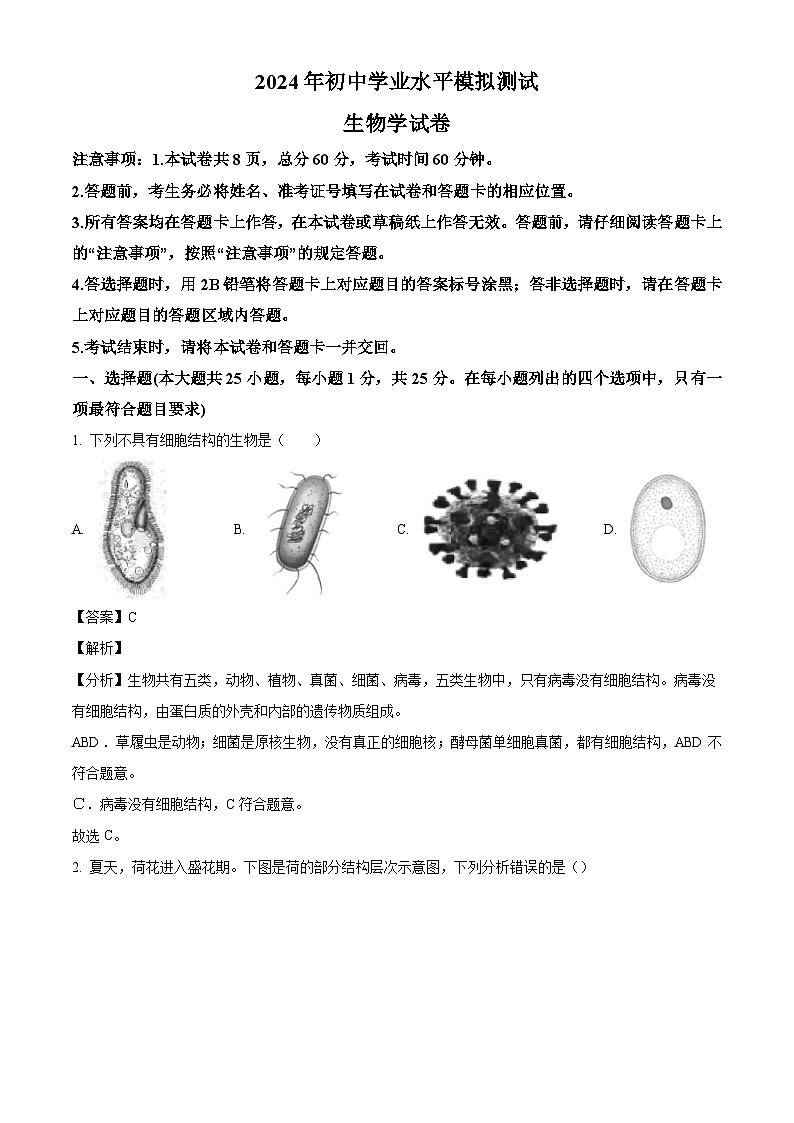 2024年河北省廊坊市安次区初中学业水平模拟测试生物试题（解析版）第1页