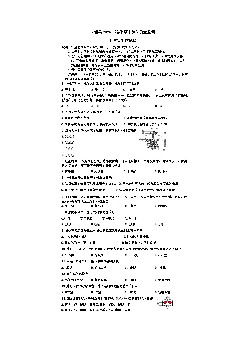 广东省梅州市大埔县2023-2024学年七年级下学期7月期末生物试题第1页