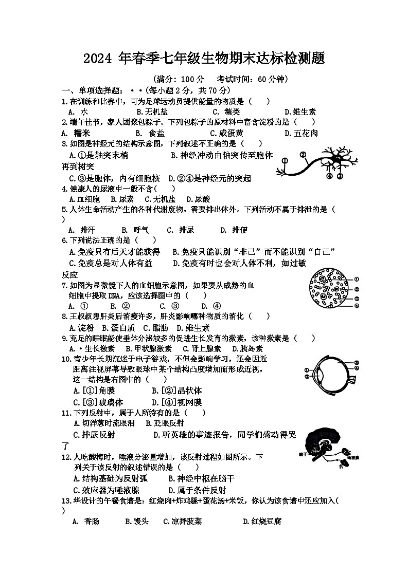海南省省直辖县级行政单位临高县2023-2024学年七年级下学期7月期末生物试题第1页
