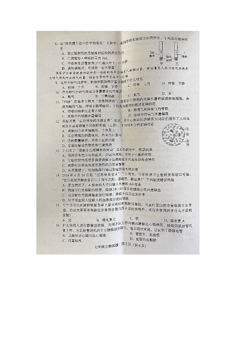 广东省阳江市阳东区2023-2024学年七年级下学期期末考试生物试卷第2页