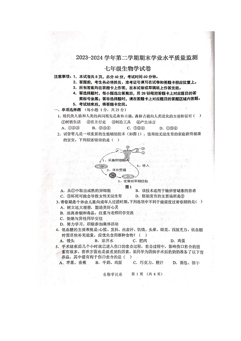 河北省承德市平泉市2023-2024学年七年级下学期期末考试生物试题01
