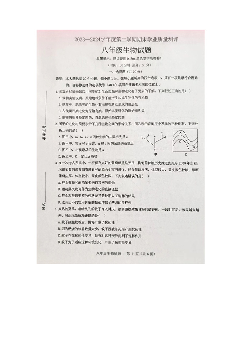 山东省菏泽市成武县2023-2024学年八年级下学期7月期末生物试题01