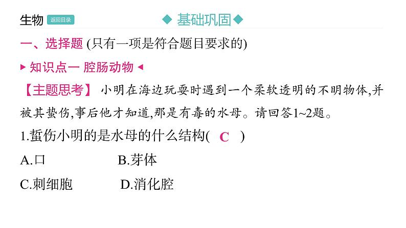 5.1.1 腔肠动物和扁形动物习题课件2024年初中秋季人教版生物八年级上册第6页