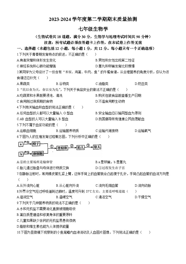 辽宁省大连市中山区2023-2024学年七年级下学期期末生物试题第1页