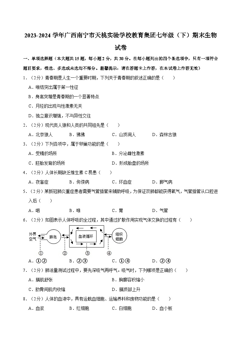 2023-2024学年广西南宁市天桃实验学校教育集团七年级（下）期末生物试卷01