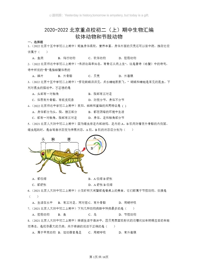 [生物]2020～2022北京重点校初二上学期期中生物试题分类汇编：软体动物和节肢动物01