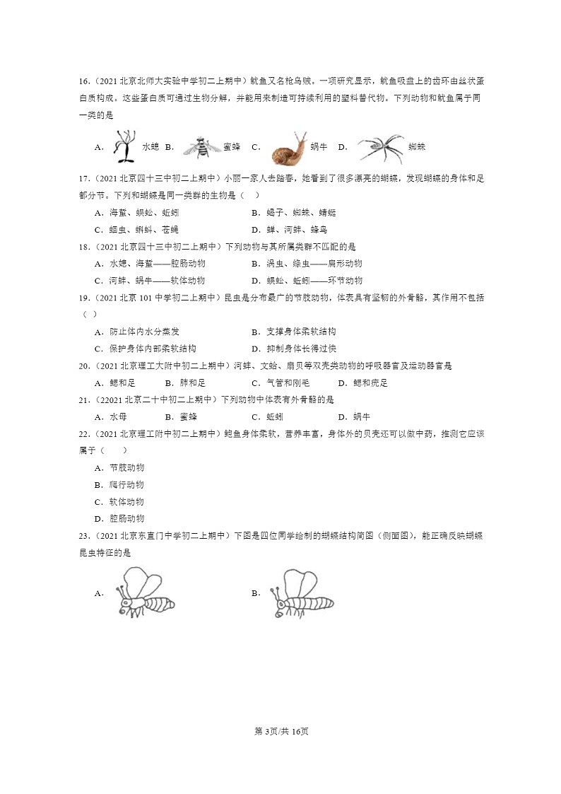 [生物]2020～2022北京重点校初二上学期期中生物试题分类汇编：软体动物和节肢动物03