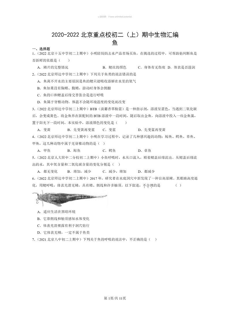 [生物]2020～2022北京重点校初二上学期期中生物试题分类汇编：鱼第1页