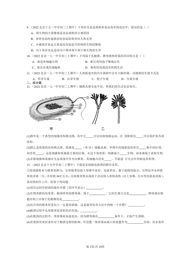 [生物]2022北京重点校初二上学期期中生物试题分类汇编：细菌和真菌章节综合02