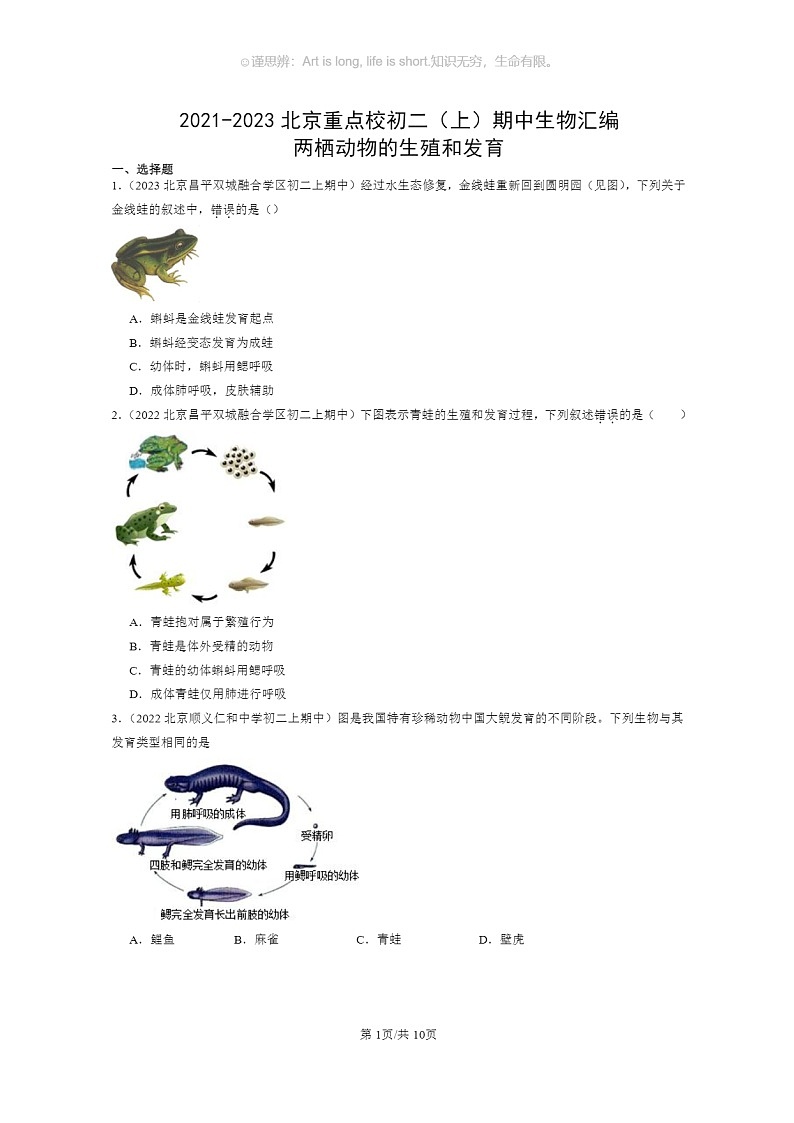 [生物]2021～2023北京重点校初二上学期期中生物试题分类汇编：两栖动物的生殖和发育第1页