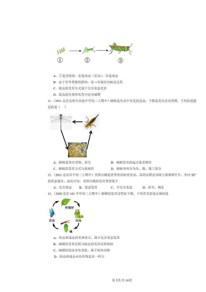 [生物]2020～2022北京重点校初二上学期期中生物试题分类汇编：昆虫的生殖和发育第3页