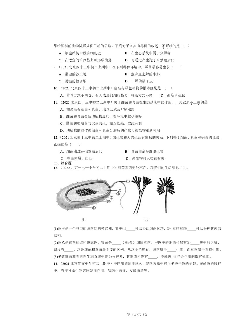 [生物]2020～2022北京重点校初二上学期期中生物试题分类汇编：真菌02