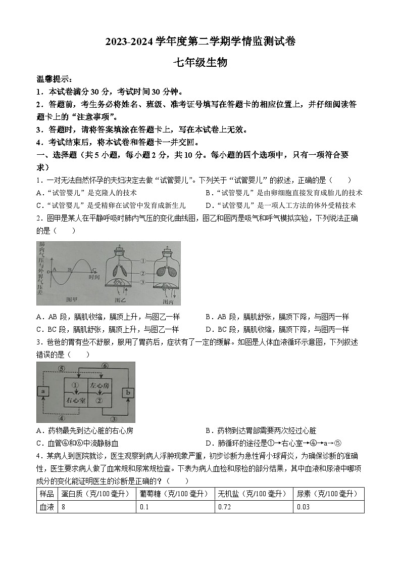 内蒙古赤峰市翁牛特旗2023-2024学年七年级下学期7月期末生物试题01