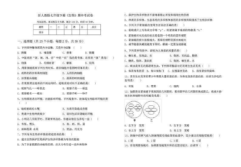 2024年春广东广州市新人教版七年级下册《生物》期中考试卷(加答案)01