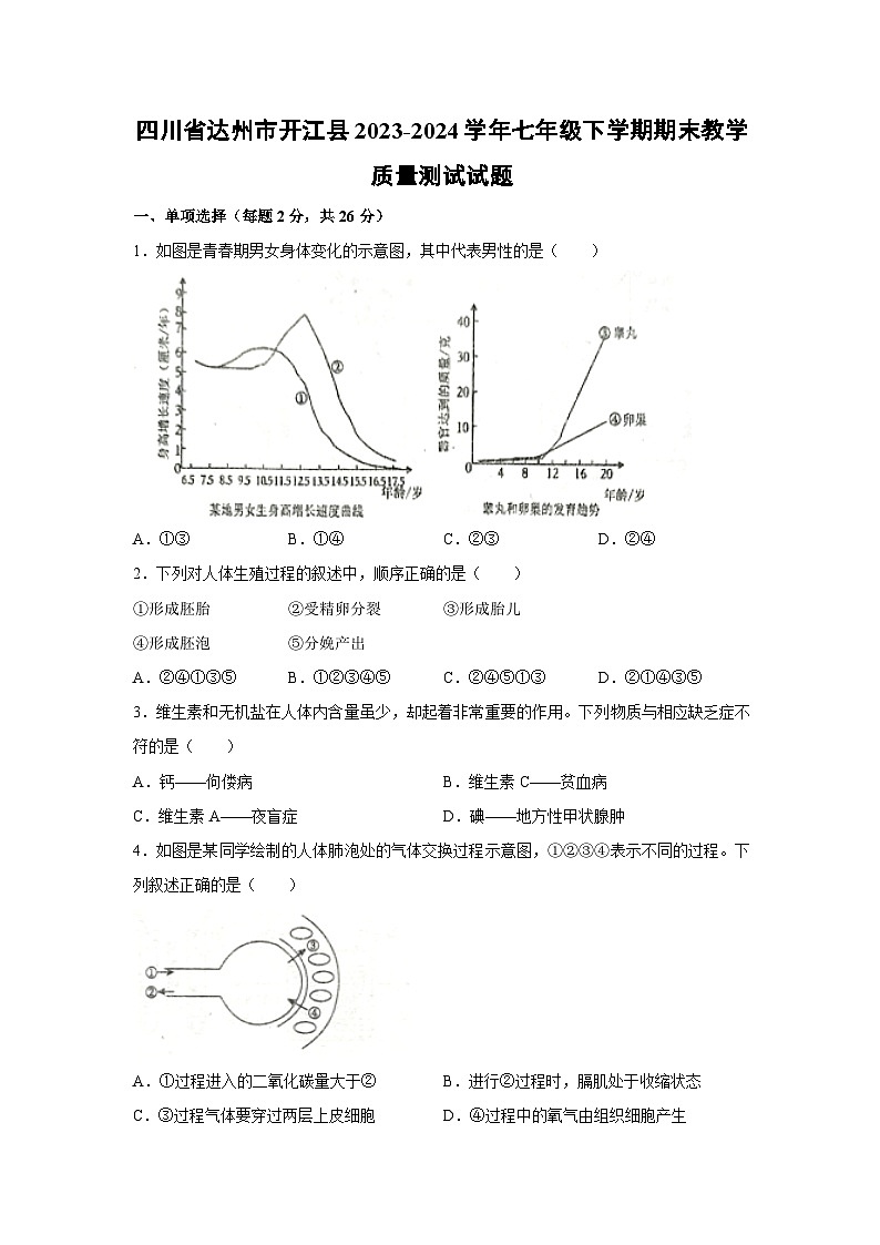[生物][期末]四川省达州市开江县2023-2024学年七年级下学期期末教学质量测试试题01