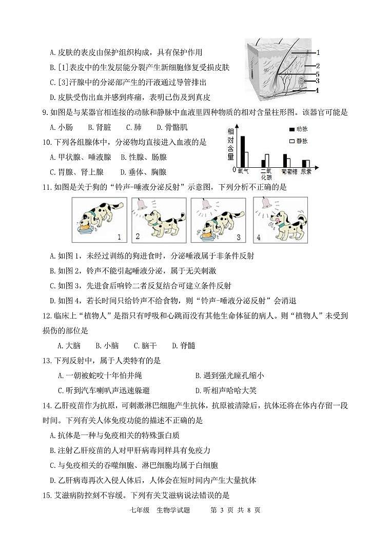 山东省潍坊安丘市2023-2024学年七年级下学期期末考试生物试题03