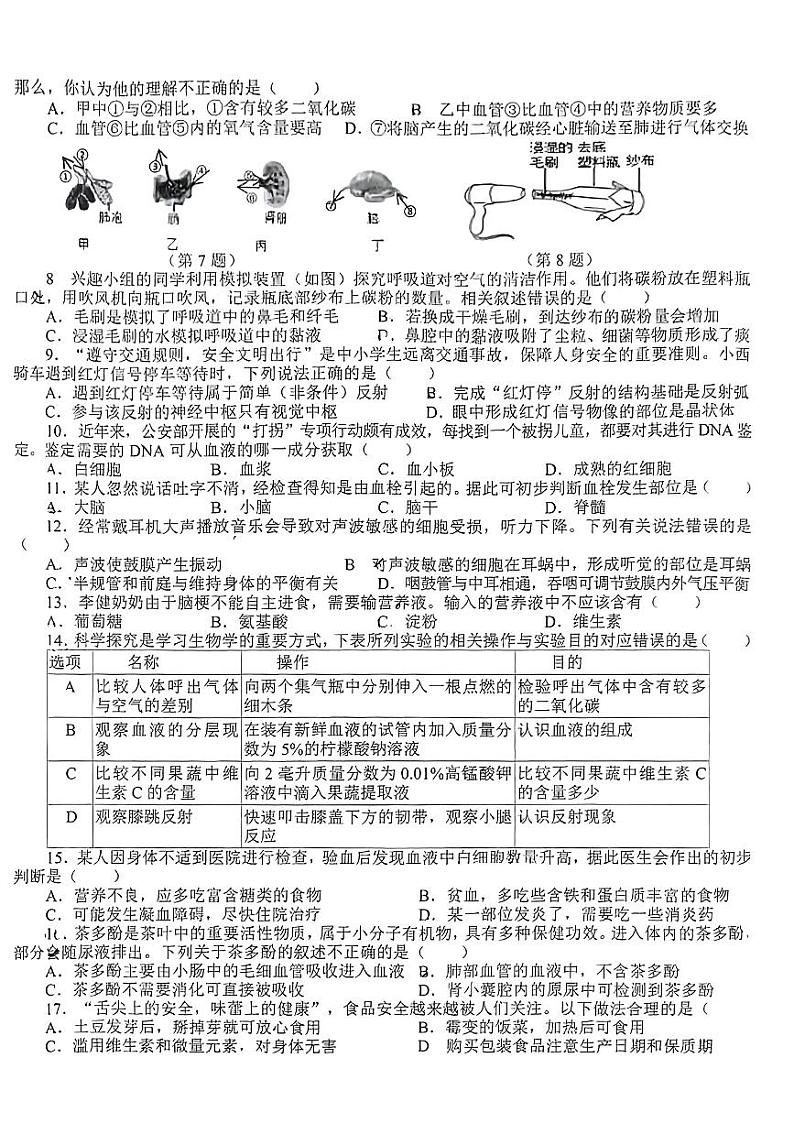 四川省资阳市安岳县2023--2024学年七年级下学期期末考试生物试题第2页