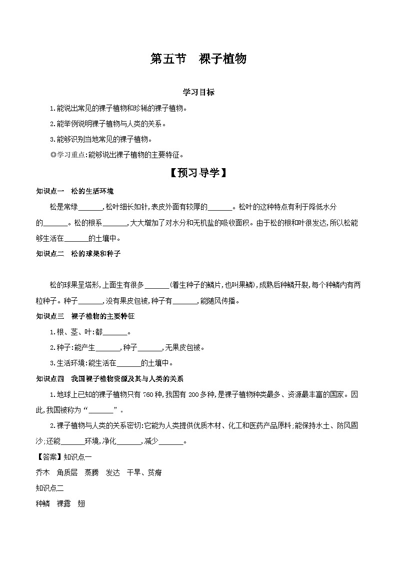 冀少版生物七年级上册 1.3.5 裸子植物 学案（含答案）01