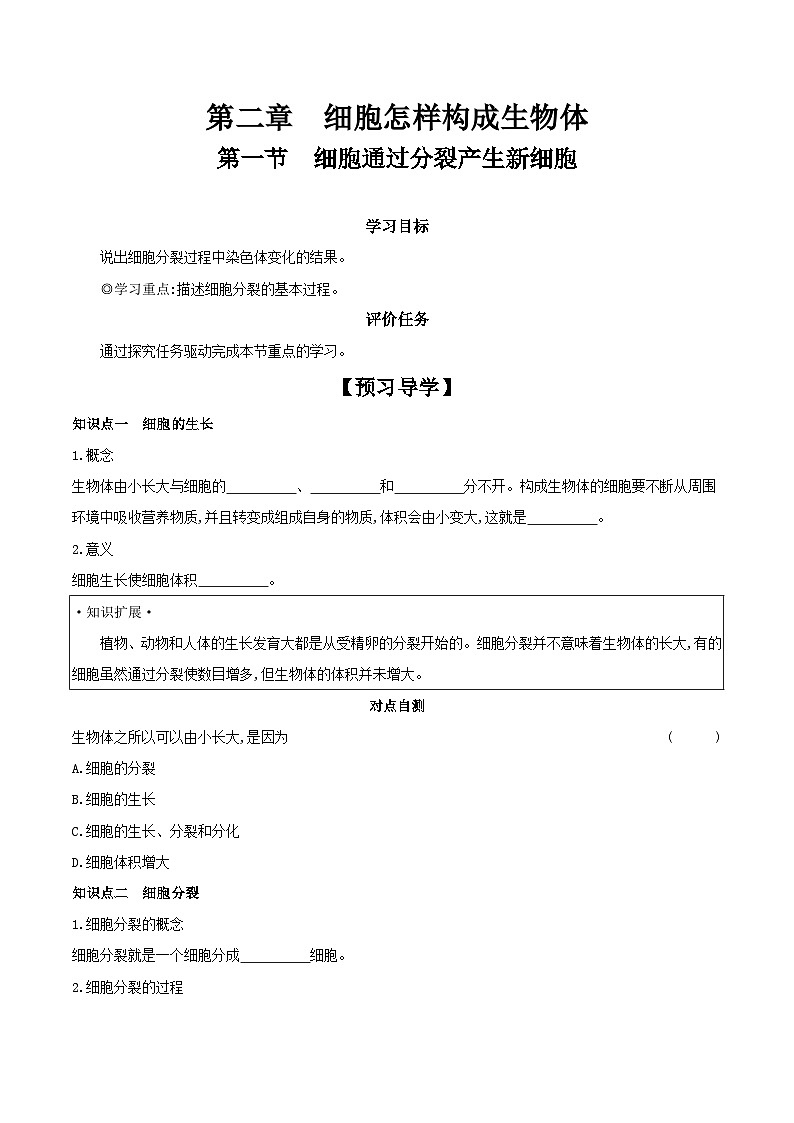 2.2.1 细胞通过分裂产生新细胞 学案 （含答案）-生物人教版七年级上册第1页