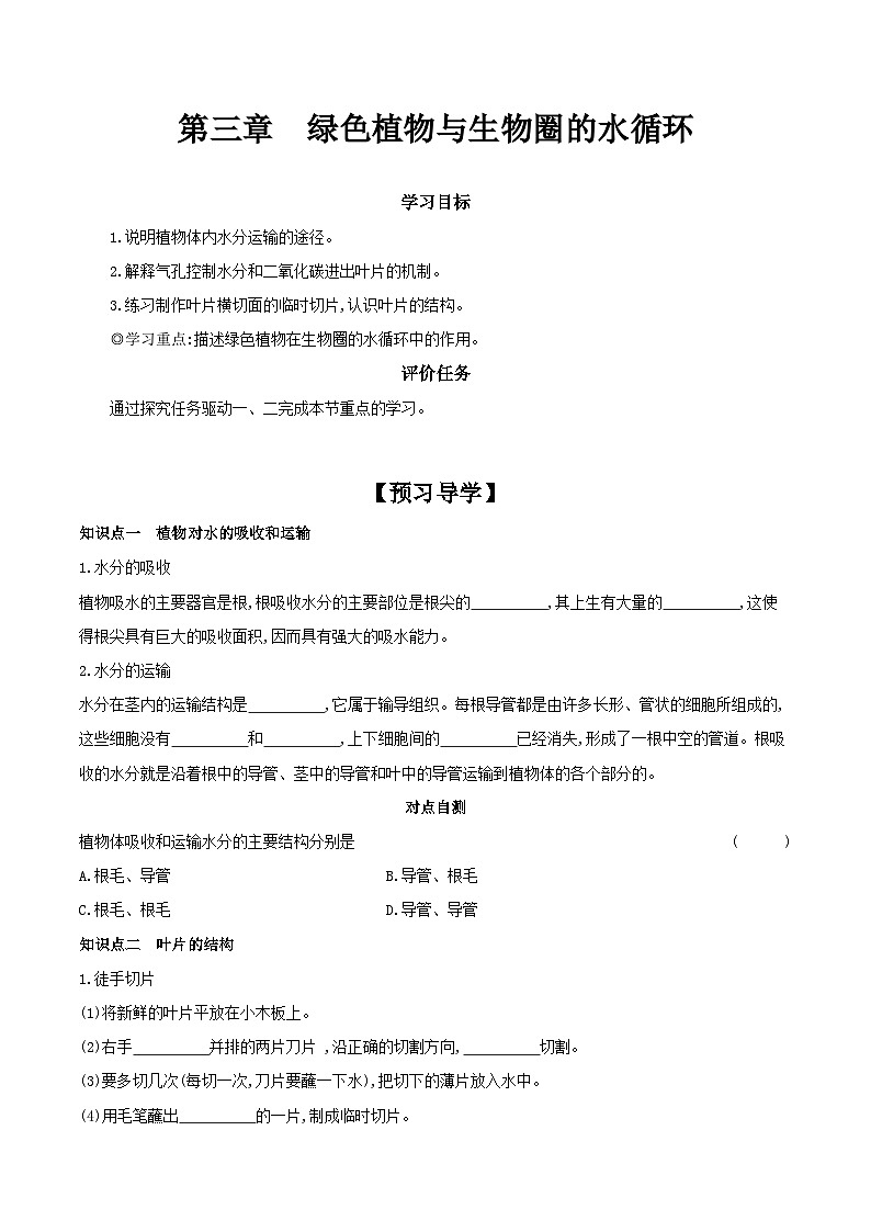 3.3 绿色植物与生物圈的水循环 学案 （含答案）-生物人教版七年级上册01