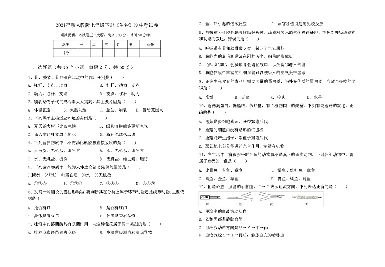 2024年新人教版七年级下册《生物》期中考试卷及完整答案第1页