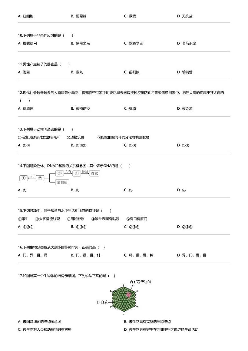 [生物]2024年甘肃陇南康县中考模拟生物试卷02