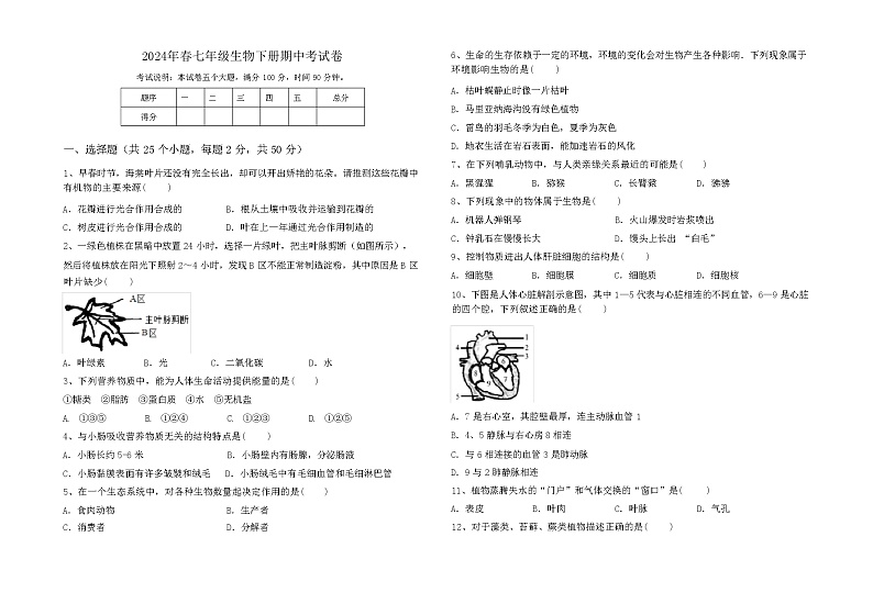 2024年春七年级生物下册期中考试卷第1页