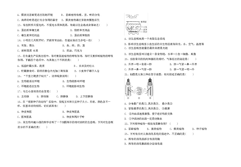 2024年春七年级生物下册期中考试卷第2页