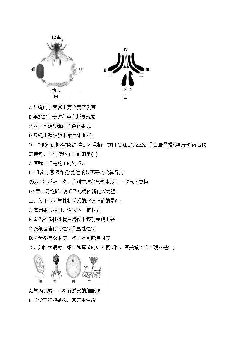 河南省镇平县城区五校联考2024届九年级下学期中考模拟生物试卷(含答案)03