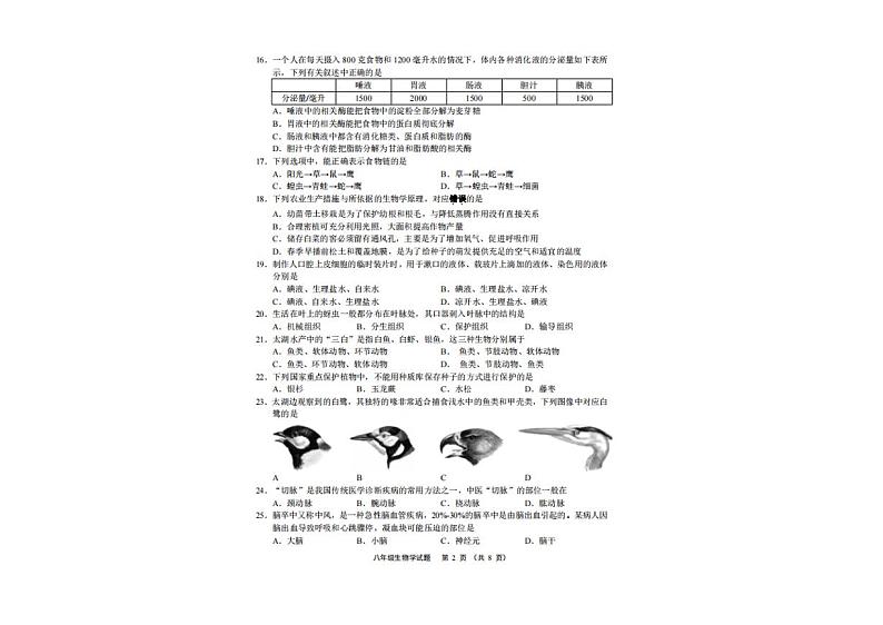 2024年江苏省无锡市生物中考试卷02