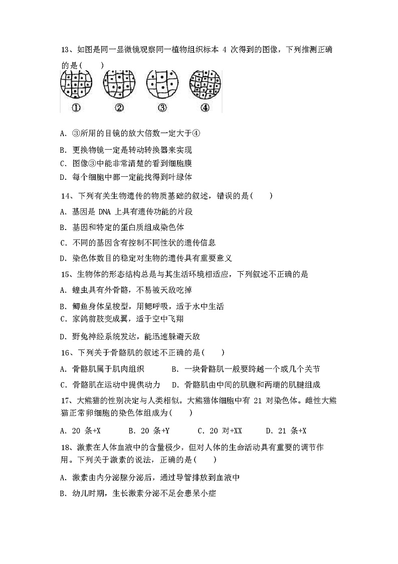 人教版八年级生物下册期中考试卷(带答案)第3页