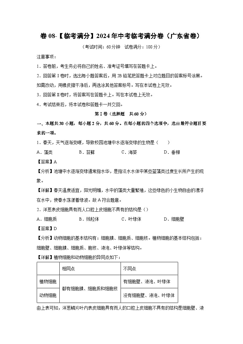 [生物]卷08-[临考满分]2024年中考临考满分模拟卷(广东省卷)(解析版)第1页
