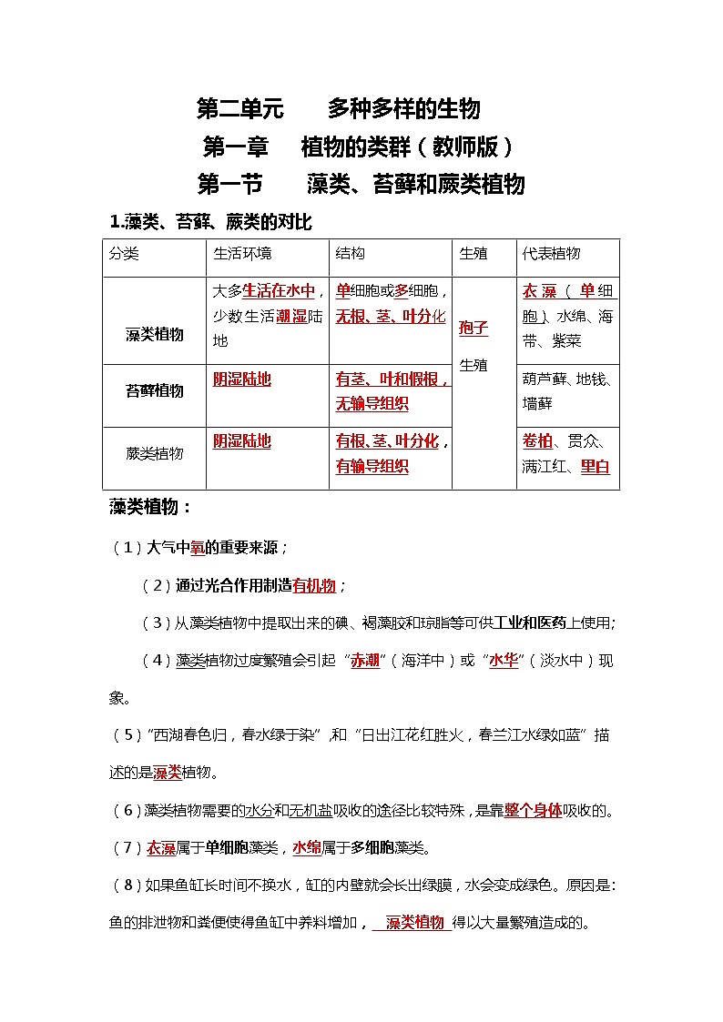 人教版初中生物7上2.1植物的类群   知识梳理（学生版+教师版）01