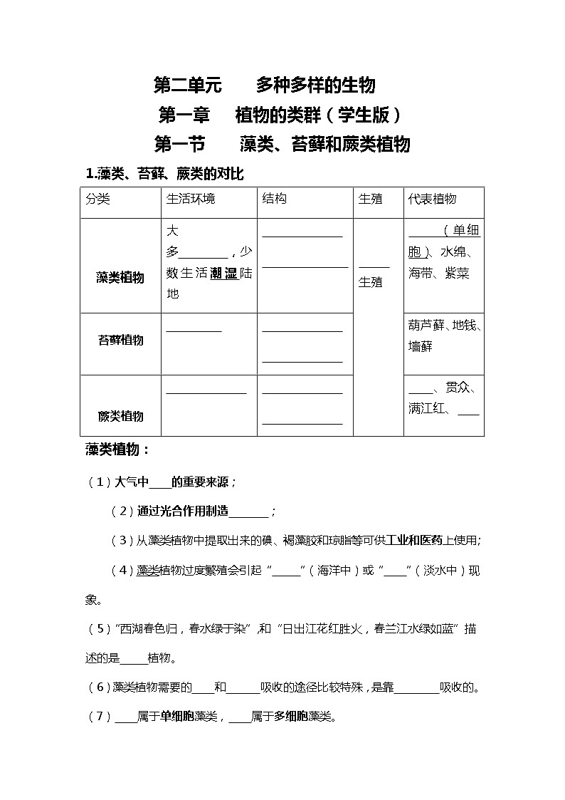 人教版初中生物7上2.1植物的类群   知识梳理（学生版+教师版）01