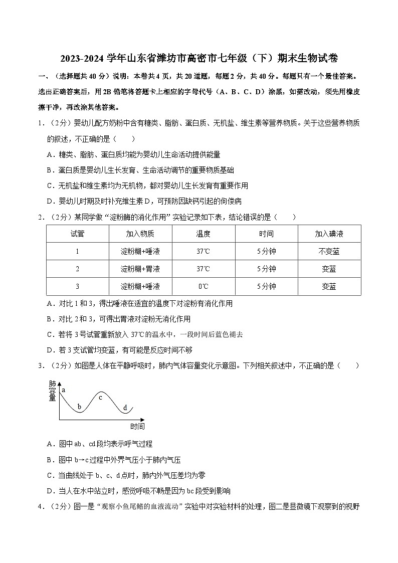 2023-2024学年山东省潍坊市高密市七年级（下）期末生物试卷第1页